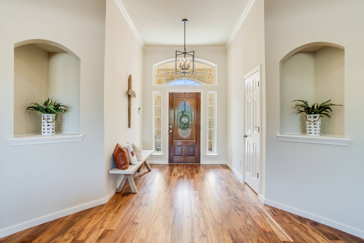 Modern entryway with a bench and pillows near Silver Springs, MD