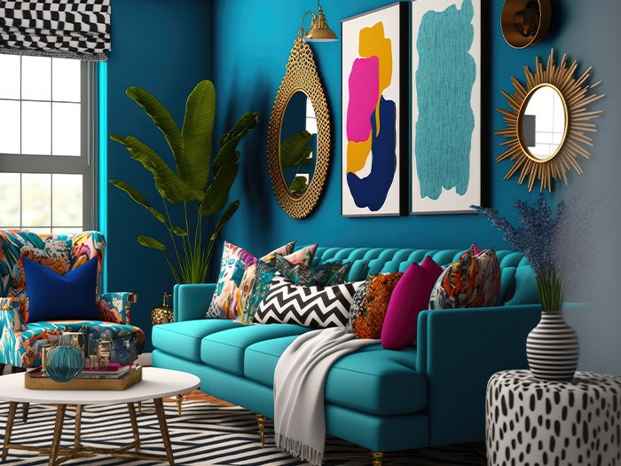 teal living room with plants and paintings